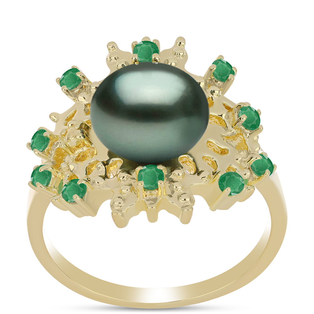 Goldplattierter Silberring mit Tahitigrüne-Illusion Süßwasserperle und brasilianischem Smaragd 3 