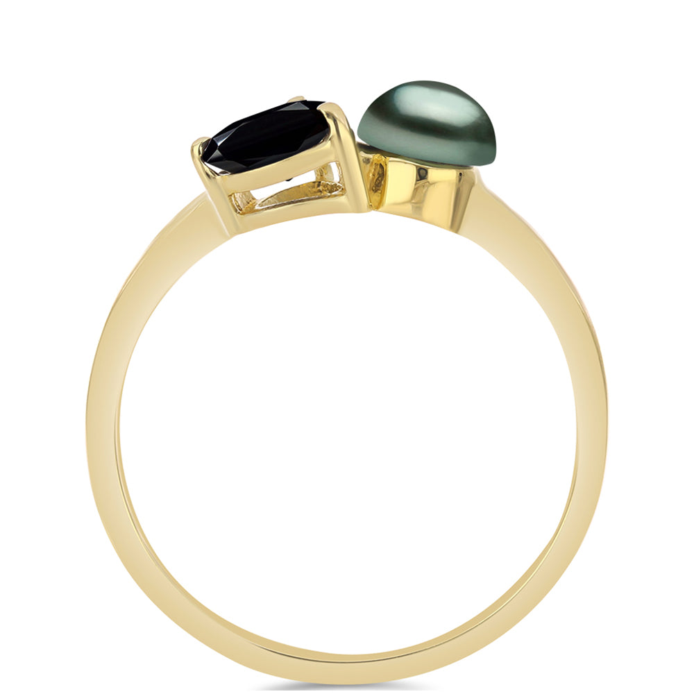 Goldplattierter Silberring mit Tahitigrüne-Illusion Süßwasserperle und schwarzem Spinell aus Gorno Badakhshan 2 