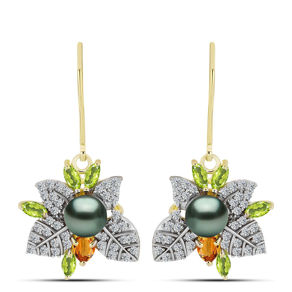 Goldplattierte Silberohrringe mit Tahitigrüne-Illusion Süßwasserperle und Zitrin aus dem Ural