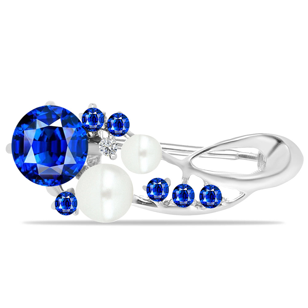Silberbrosche mit australischem blauem Saphir und weißer Süßwasserperle
