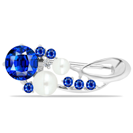 Silberbrosche mit australischem blauem Saphir und weißer Süßwasserperle