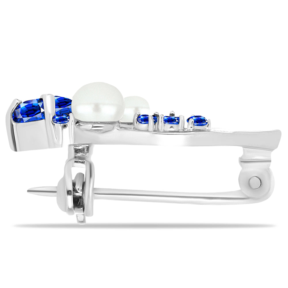 Silberbrosche mit australischem blauem Saphir und weißer Süßwasserperle 2 