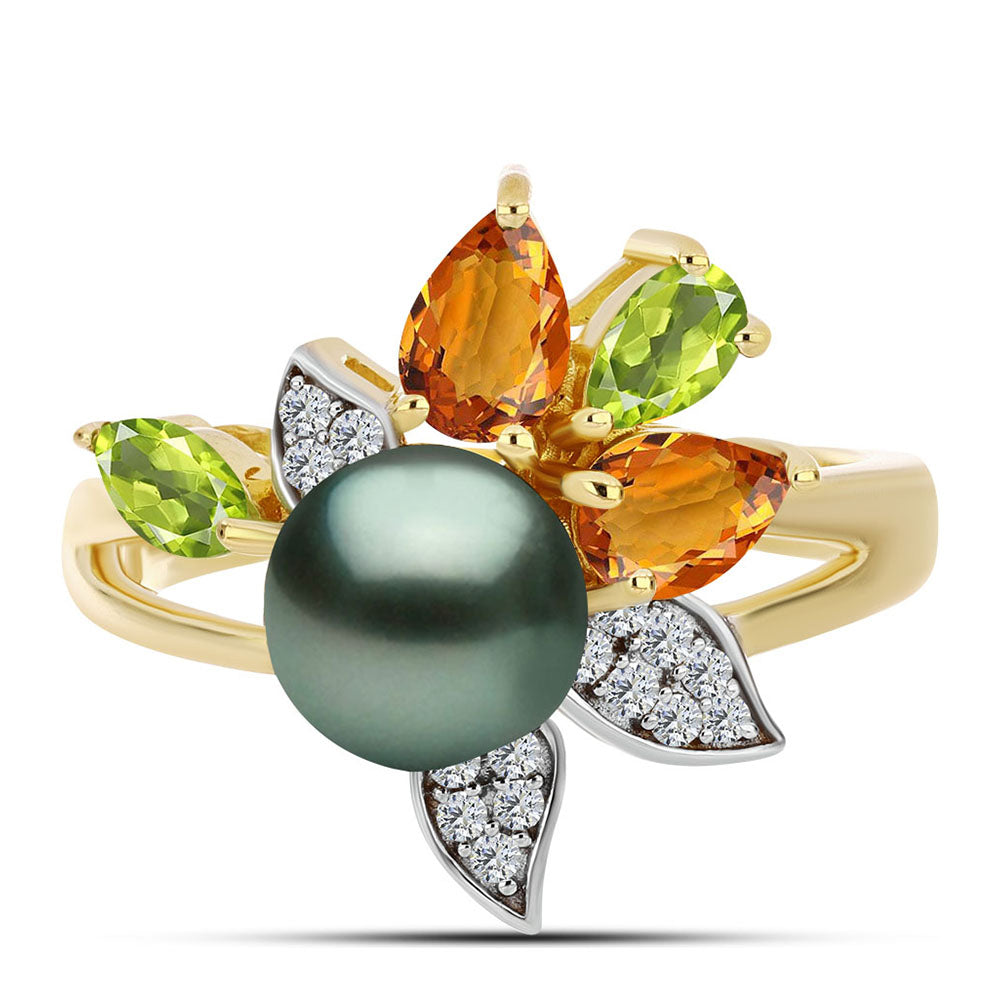 Goldplattierter Silberring mit Tahitigrüne-Illusion Süßwasserperle und Zitrin aus dem Ural