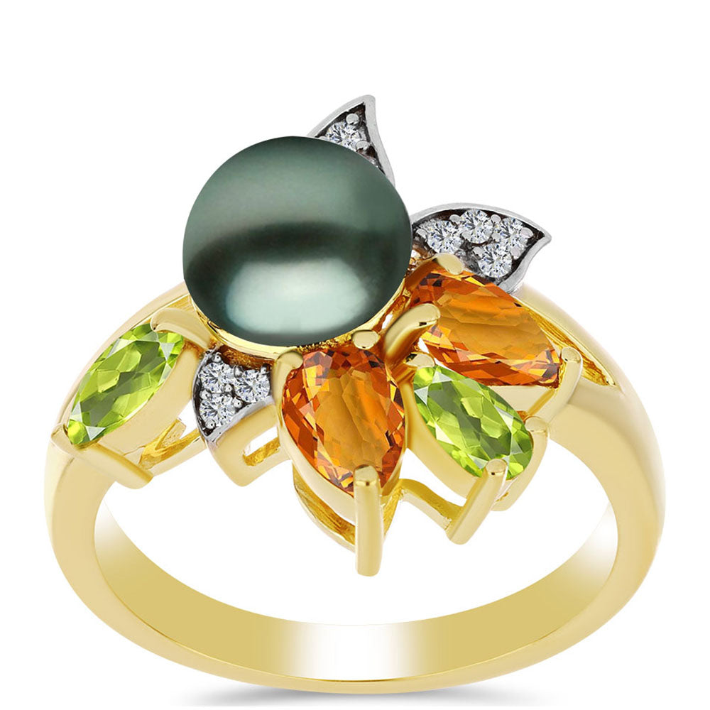 Goldplattierter Silberring mit Tahitigrüne-Illusion Süßwasserperle und Zitrin aus dem Ural