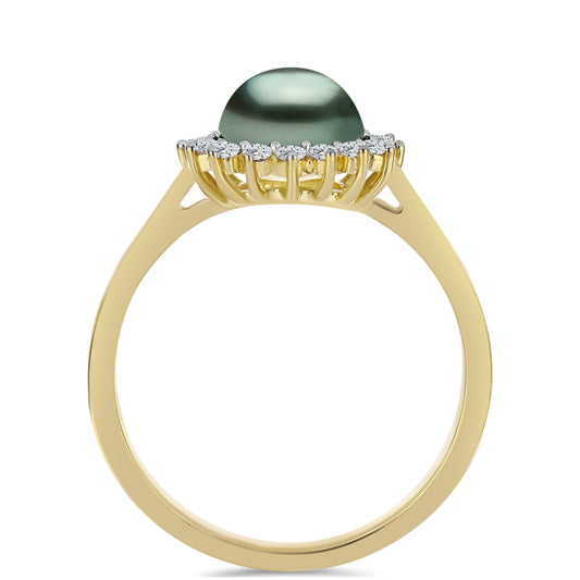 Goldplattierter Silberring mit Tahitigrüne-Illusion Süßwasserperle und weißem Topas