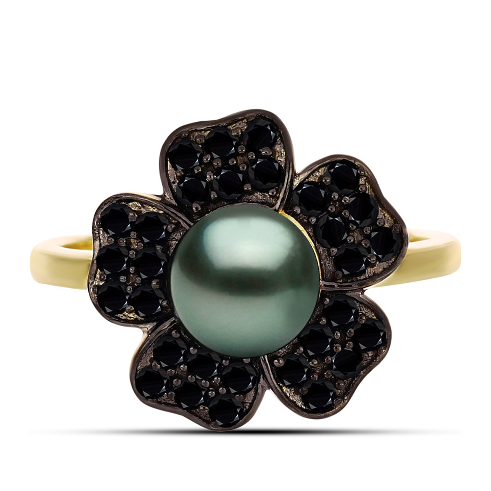 Goldplattierter Silberring mit Tahitigrüne-Illusion Süßwasserperle und schwarzem Spinell aus Gorno Badakhshan 1 