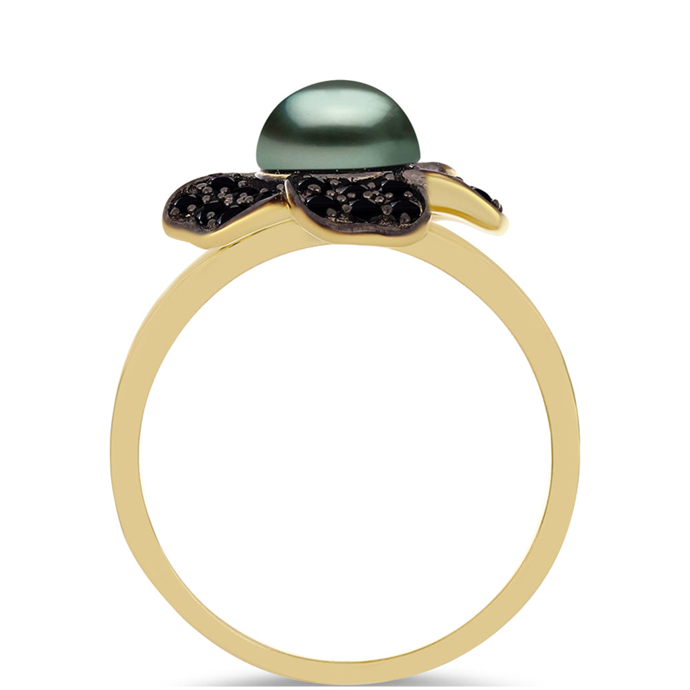 Goldplattierter Silberring mit Tahitigrüne-Illusion Süßwasserperle und schwarzem Spinell aus Gorno Badakhshan 2 