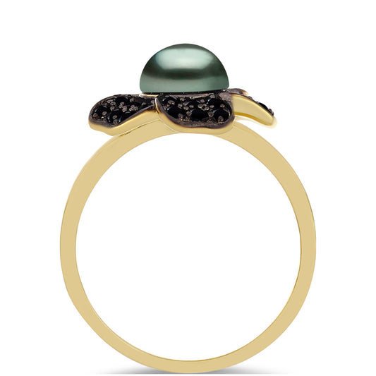 Goldplattierter Silberring mit Tahitigrüne-Illusion Süßwasserperle und schwarzem Spinell aus Gorno Badakhshan