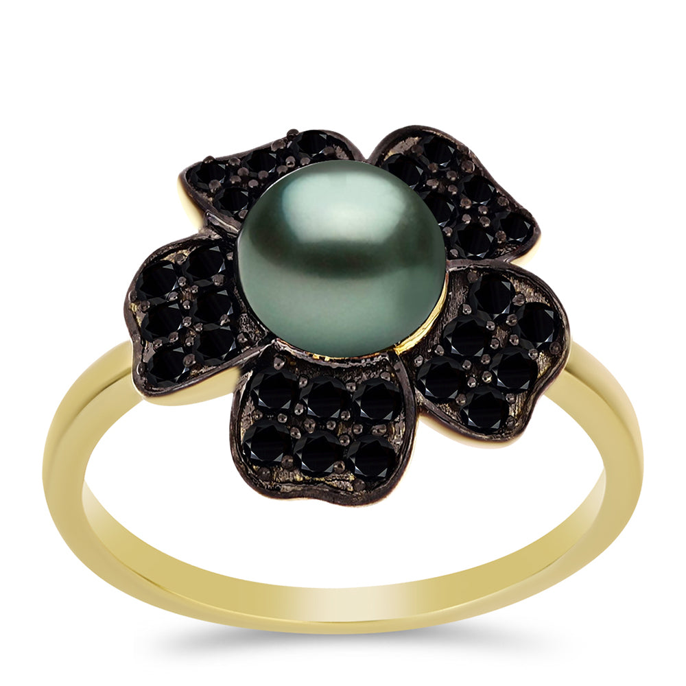 Goldplattierter Silberring mit Tahitigrüne-Illusion Süßwasserperle und schwarzem Spinell aus Gorno Badakhshan 3 
