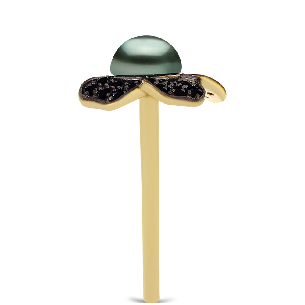 Goldplattierter Silberring mit Tahitigrüne-Illusion Süßwasserperle und schwarzem Spinell aus Gorno Badakhshan 4 