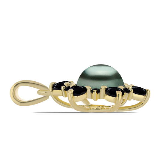 Goldplattierter Silberanhänger mit Tahitigrüne-Illusion Süßwasserperle und schwarzem Spinell aus Gorno Badakhshan