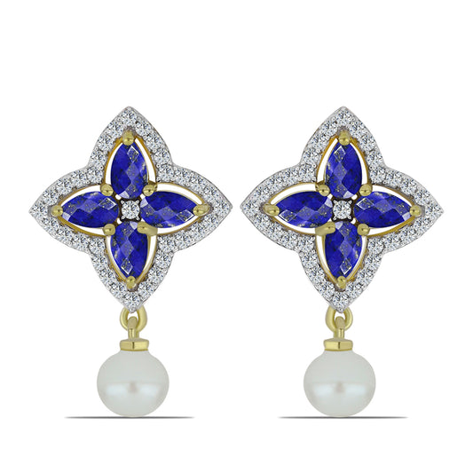 Goldplattierte Silberohrringe mit Lapislazuli und weißer Süßwasserperle