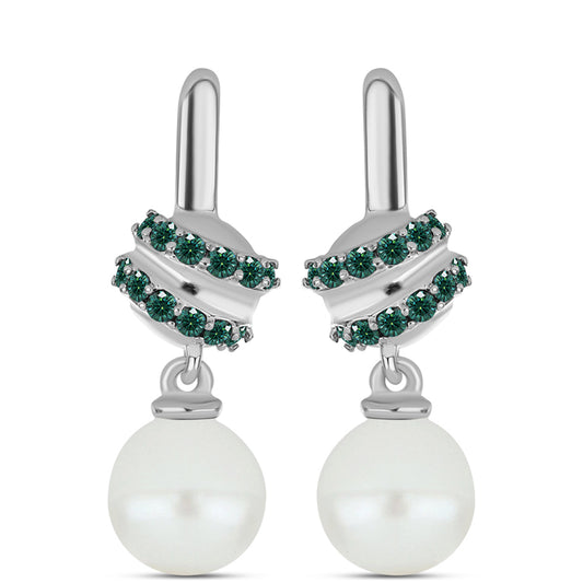 Silberohrringe mit grünlich-meerblauem Moissanit und weißer Süßwasserperle