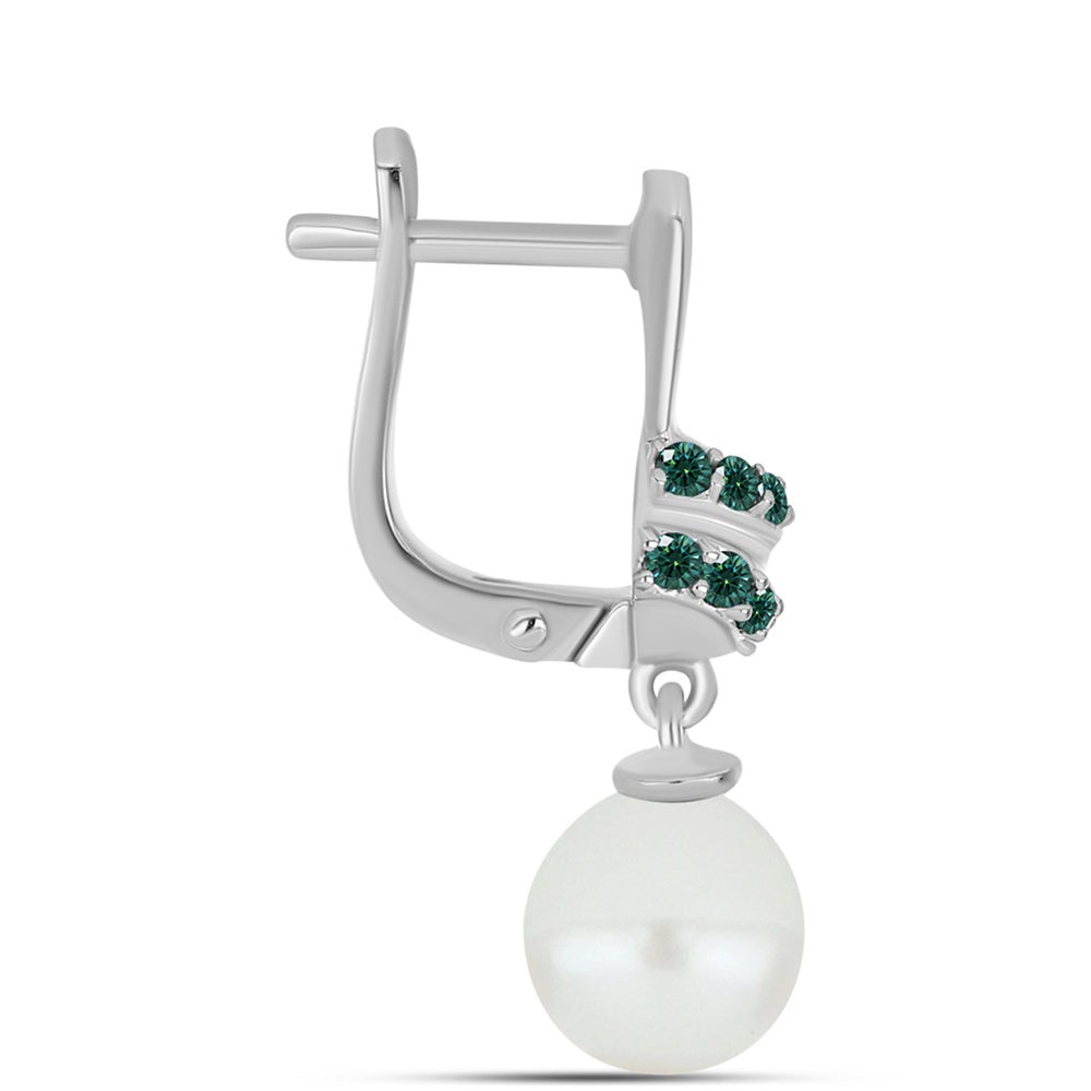 Silberohrringe mit grünlich-meerblauem Moissanit und weißer Süßwasserperle 2 