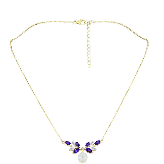 Goldplattierte Silberhalskette mit marokkanischem Amethyst und weißer Süßwasserperle