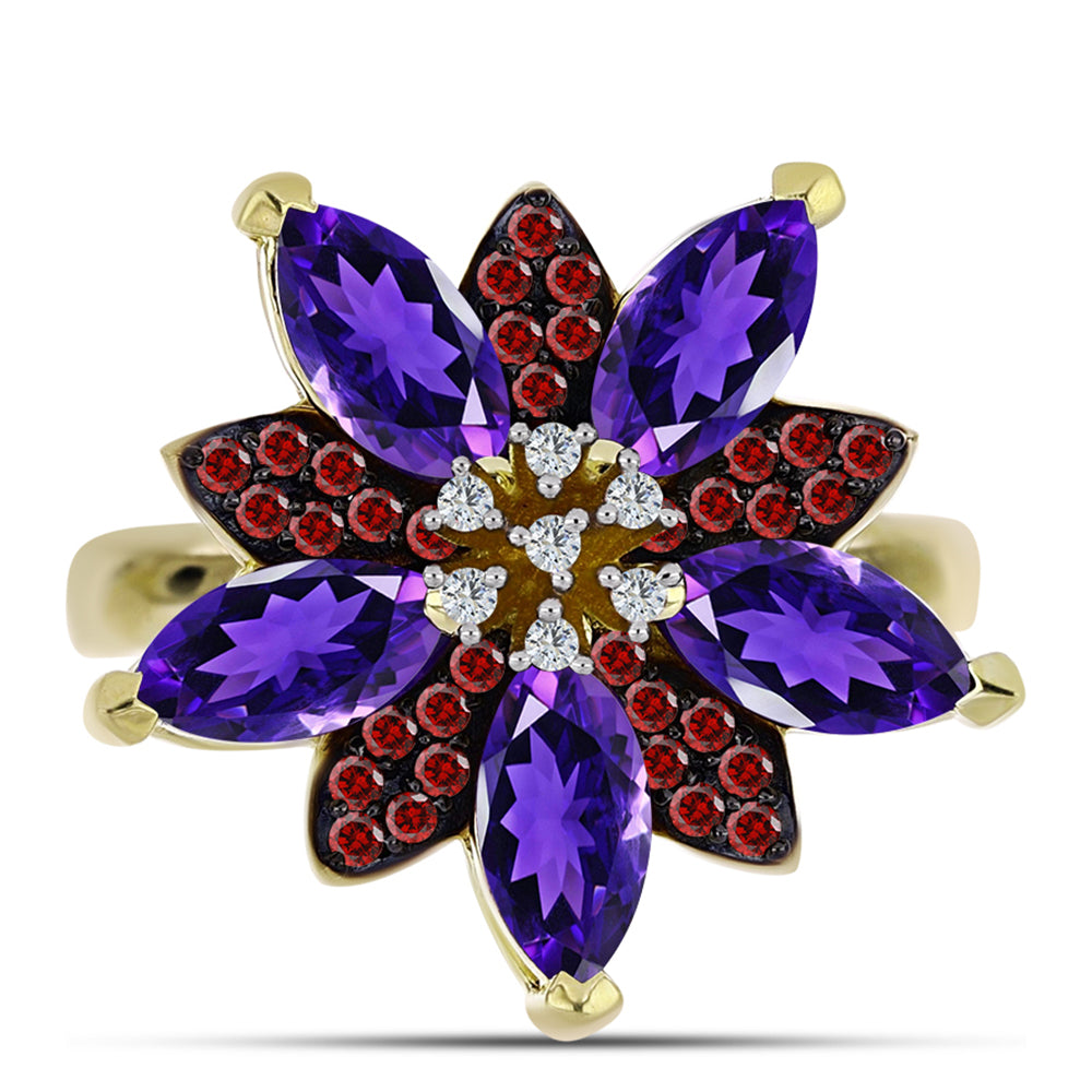 Goldplattierter Silberring mit marokkanischem Amethyst und Barton Granat 1 