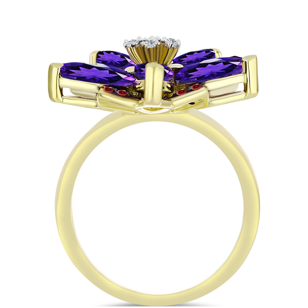 Goldplattierter Silberring mit marokkanischem Amethyst und Barton Granat 2 