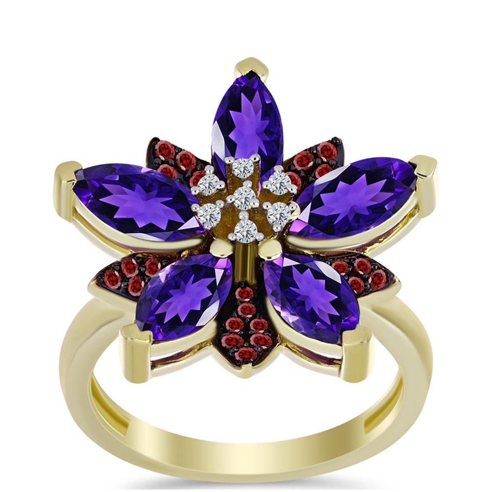 Goldplattierter Silberring mit marokkanischem Amethyst und Barton Granat 3 