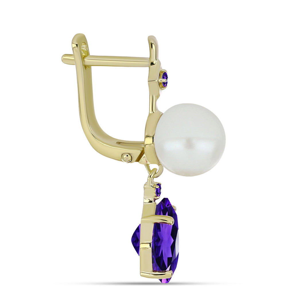 Goldplattierte Silberohrringe mit marokkanischem Amethyst und weißer Süßwasserperle 2 