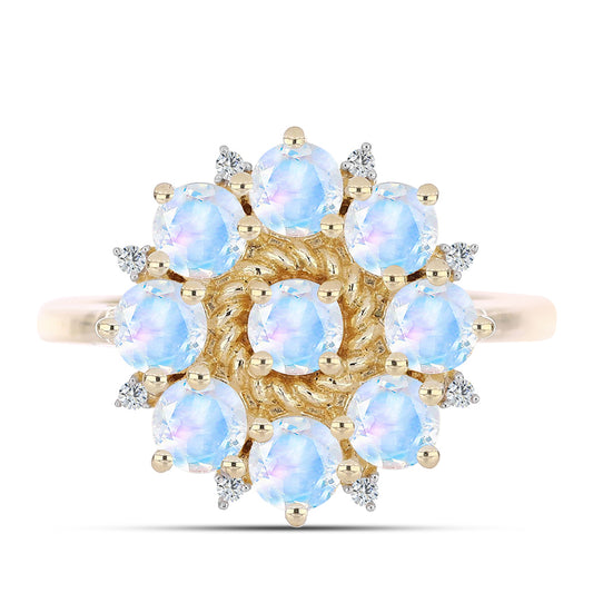 Goldplattierter Silberring mit Regenbogenmondstein und weißem Topas