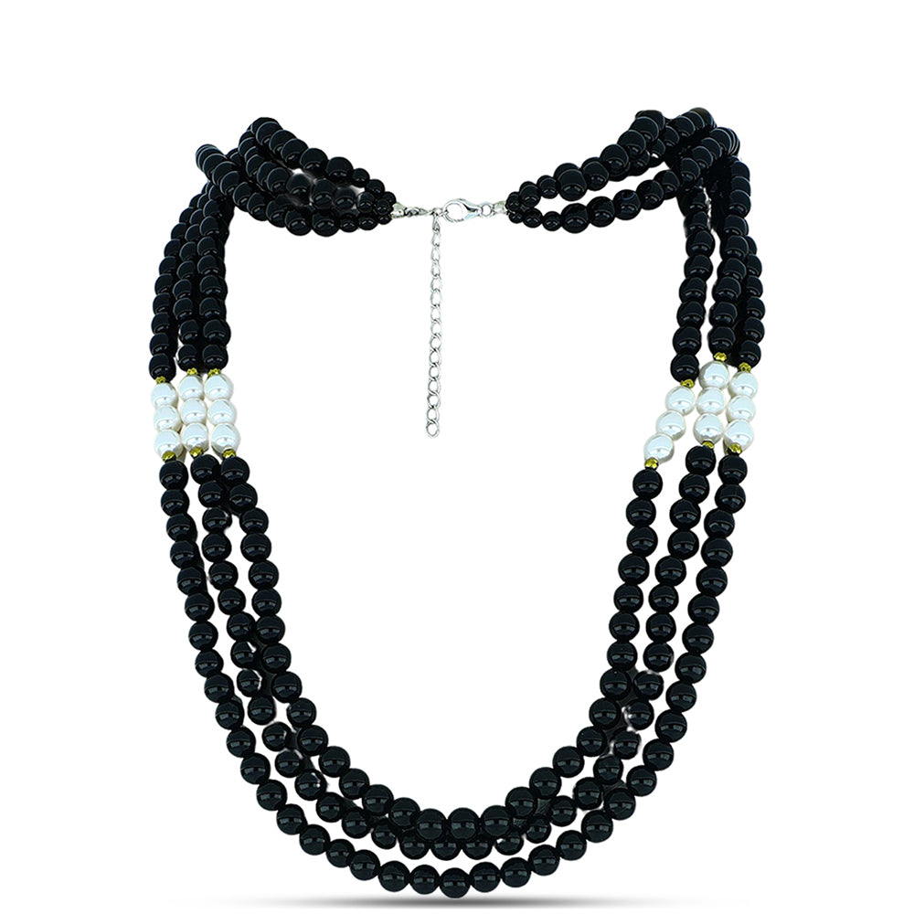 Silberhalskette mit Obsidian und weißer Süßwasserperle
