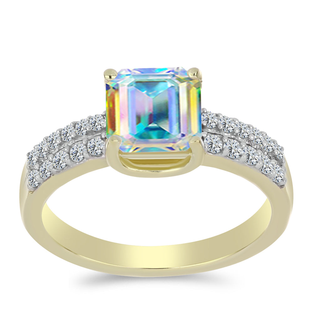 Goldplattierter Silberring mit Eis-Moissanit und weißem Topas