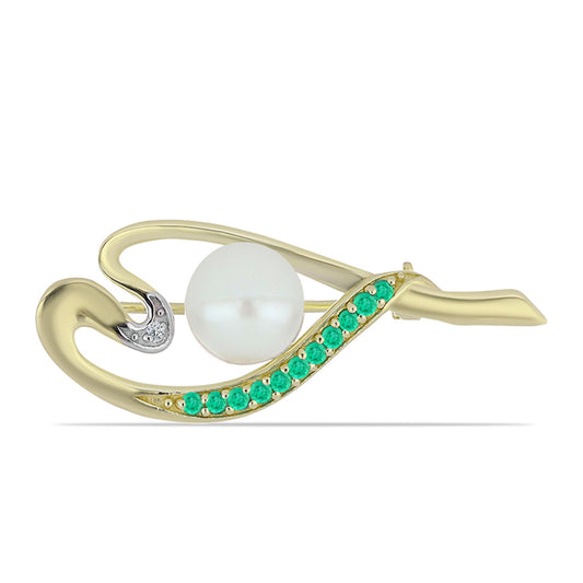 Goldplattierte Silberbrosche mit kolumbianischem Smaragd und weißem Diamant