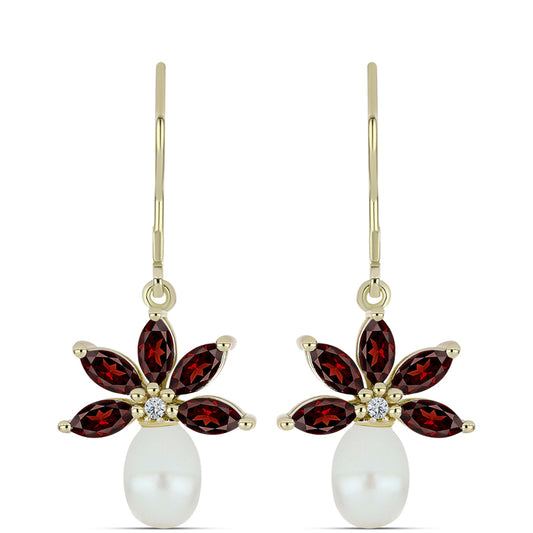 Goldplattierte Silberohrringe mit Barton Granat und weißer Süßwasserperle