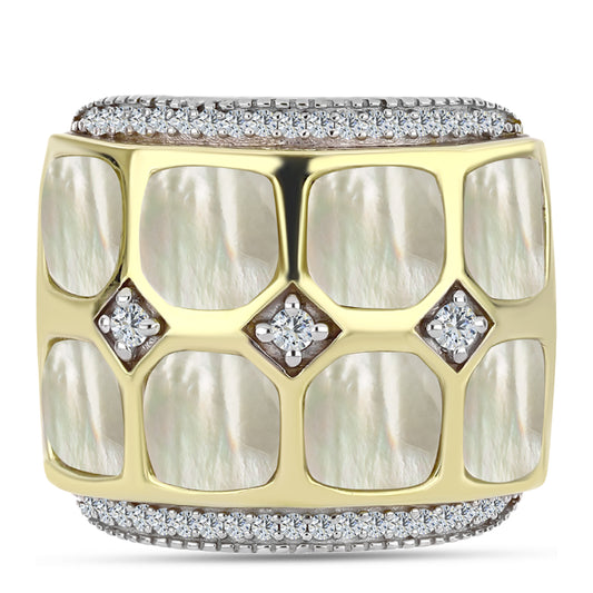 Goldplattierter Silberring mit Perlmutt und weißem Topas