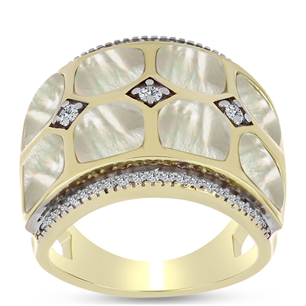 Goldplattierter Silberring mit Perlmutt und weißem Topas