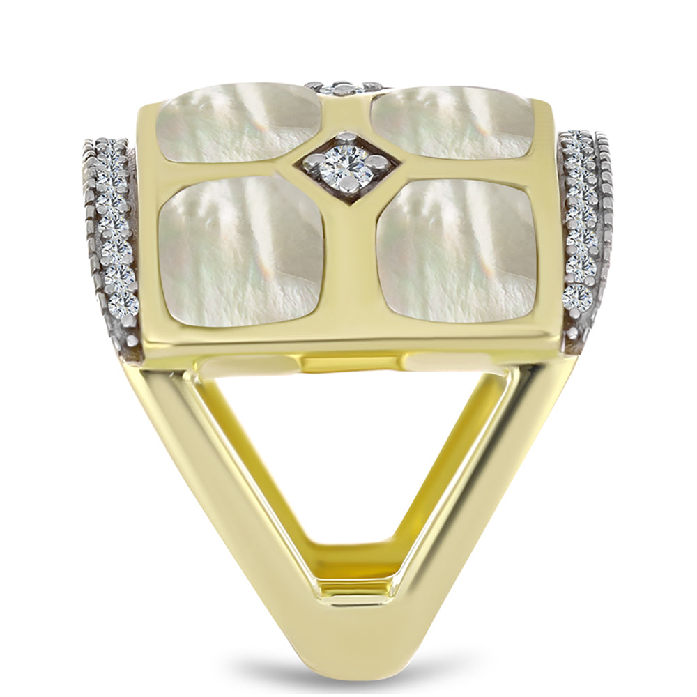 Goldplattierter Silberring mit Perlmutt und weißem Topas 4 