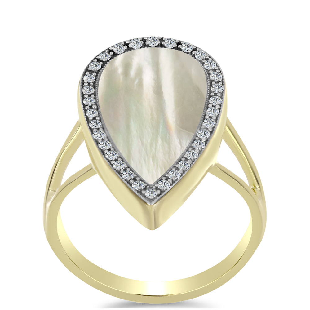 Goldplattierter Silberring mit Perlmutt und weißem Topas