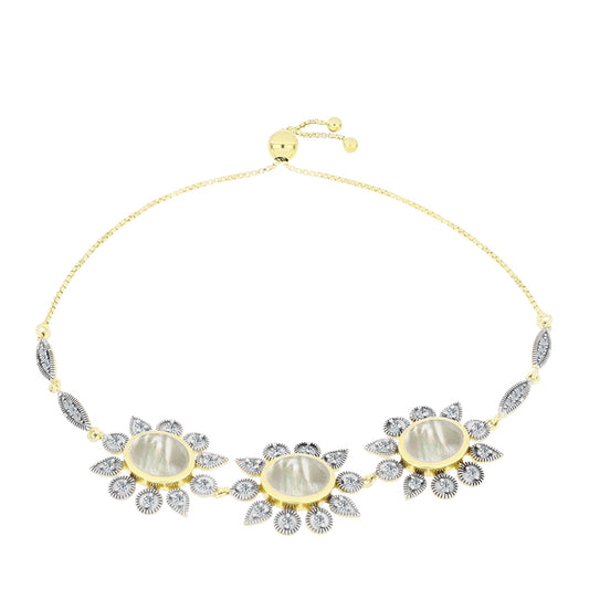 Goldplattiertes Silberarmband mit Perlmutt und weißem Topas