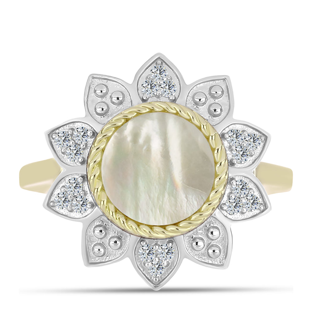 Goldplattierter Silberring mit Perlmutt und weißem Topas