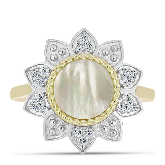 Goldplattierter Silberring mit Perlmutt und weißem Topas