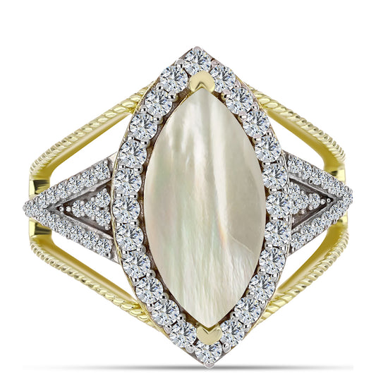 Goldplattierter Silberring mit Perlmutt und weißem Topas