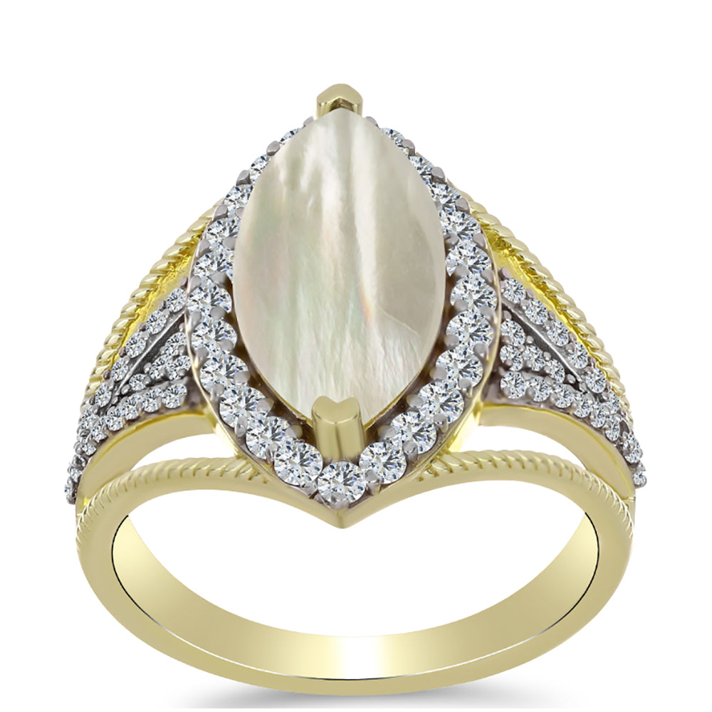 Goldplattierter Silberring mit Perlmutt und weißem Topas