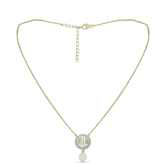 Goldplattierte Silberhalskette mit Perlmutt und weißer Süßwasserperle