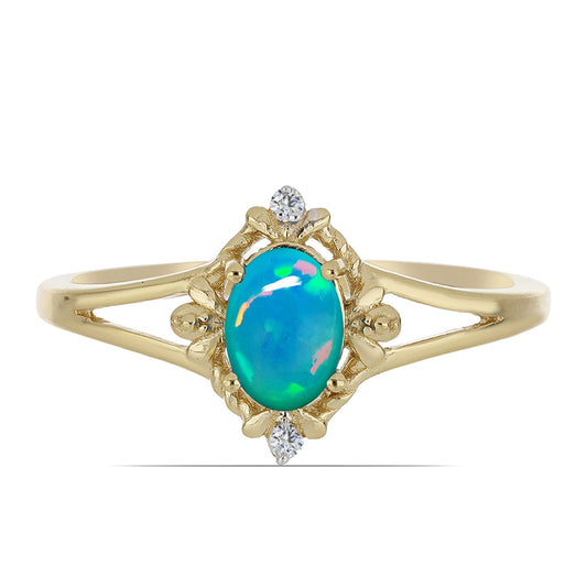 Goldplattierter Silberring mit blauem äthiopischem Opal aus Lega Dembi und weißem Zirkon