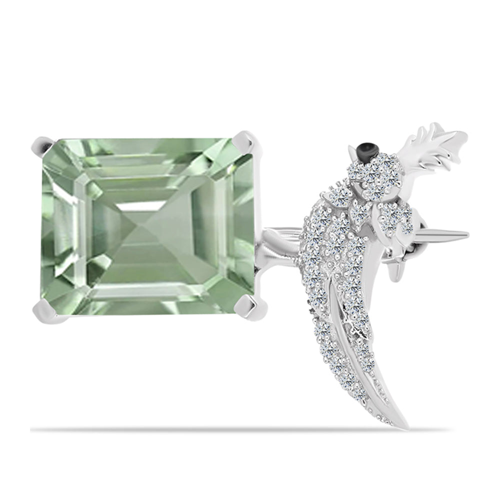 Silberbrosche mit grünem Amethyst und weißem Topas