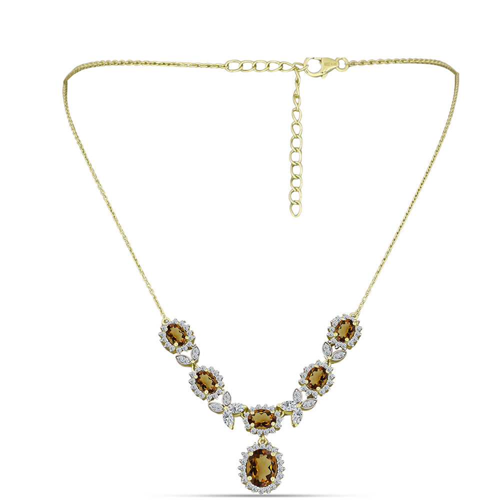 Goldplattierte Silberhalskette mit Cognac-Quarz und weißem Topas