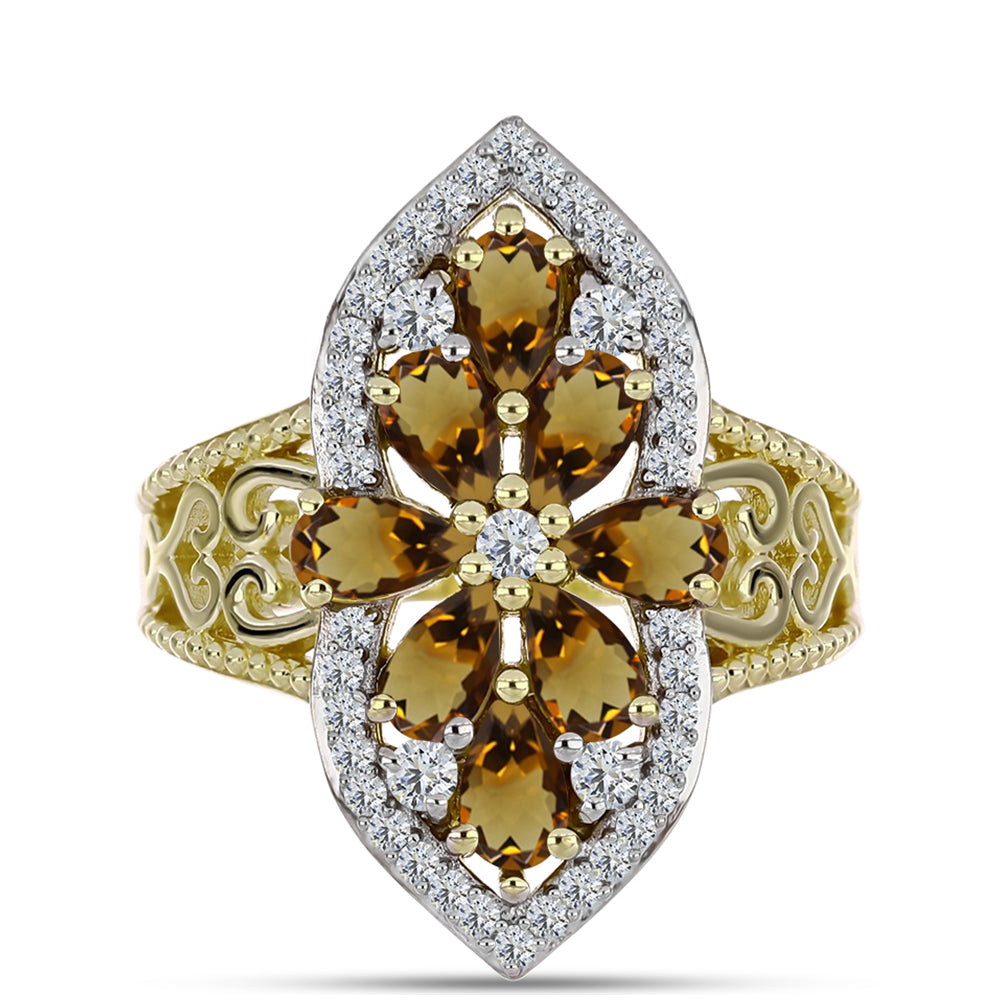 Goldplattierter Silberring mit Cognac-Quarz und weißem Topas