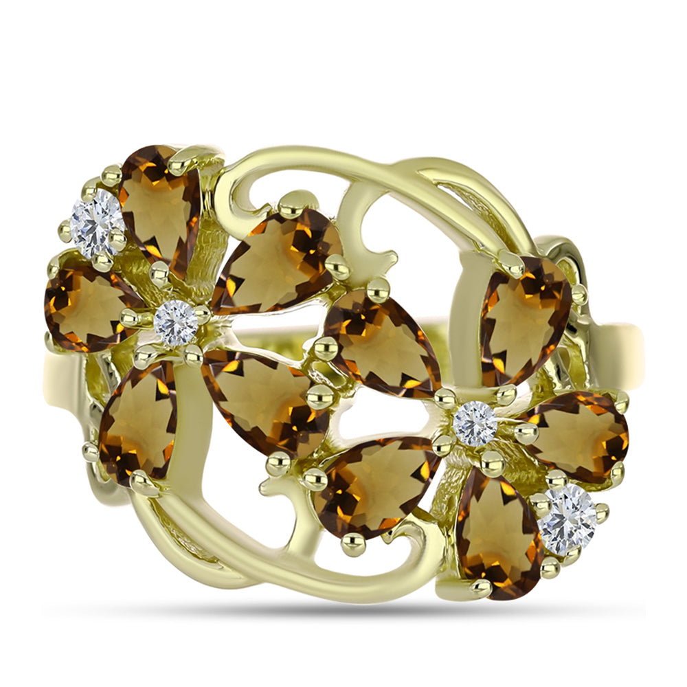Goldplattierter Silberring mit Cognac-Quarz und weißem Topas