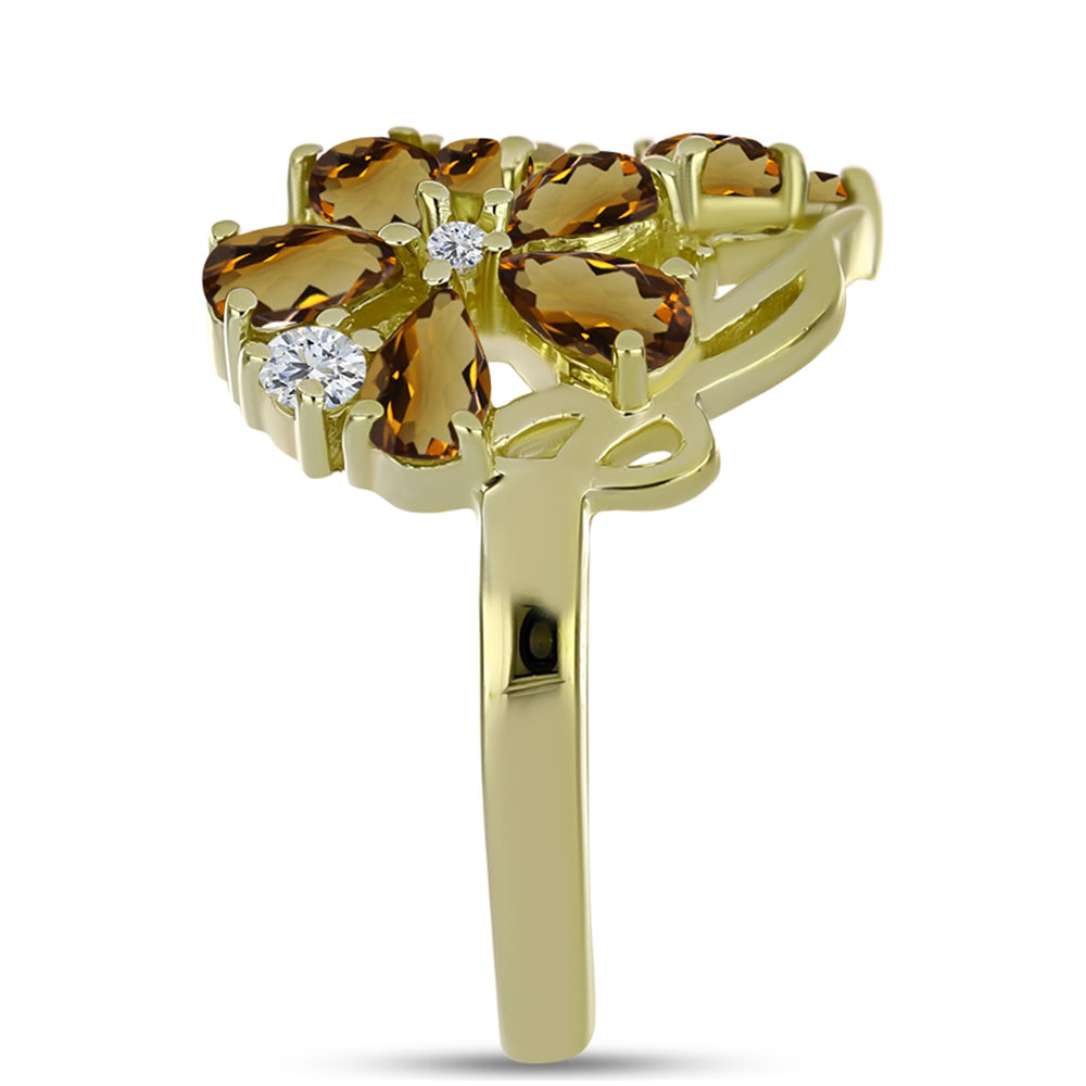 Goldplattierter Silberring mit Cognac-Quarz und weißem Topas