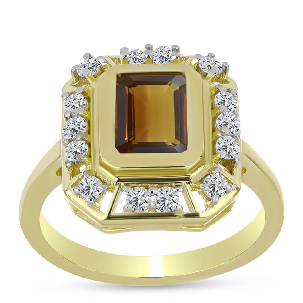 Goldplattierter Silberring mit Cognac-Quarz und weißem Topas