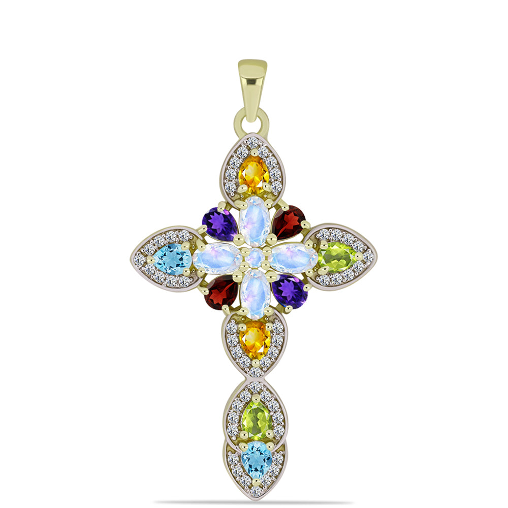 Goldplattierter Silberanhänger mit Regenbogenmondstein und marokkanischem Amethyst