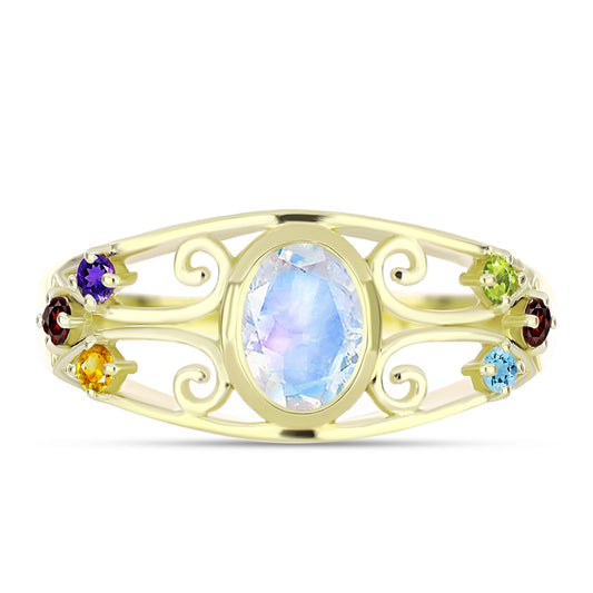 Goldplattierter Silberring mit Regenbogenmondstein und marokkanischem Amethyst