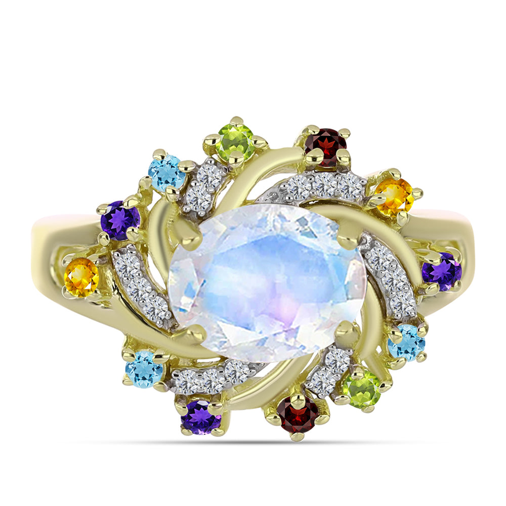 Goldplattierter Silberring mit Regenbogenmondstein und marokkanischem Amethyst