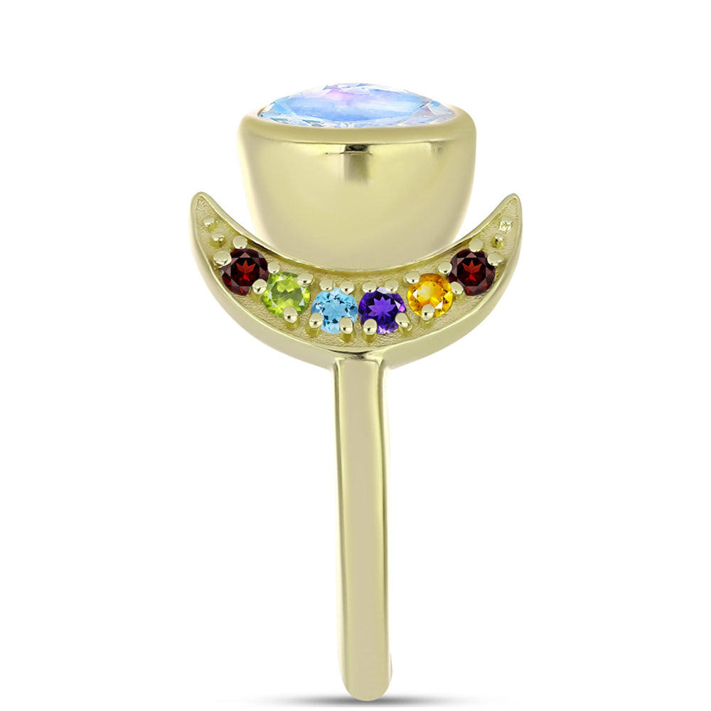 Goldplattierter Silberring mit Regenbogenmondstein und marokkanischem Amethyst 8 