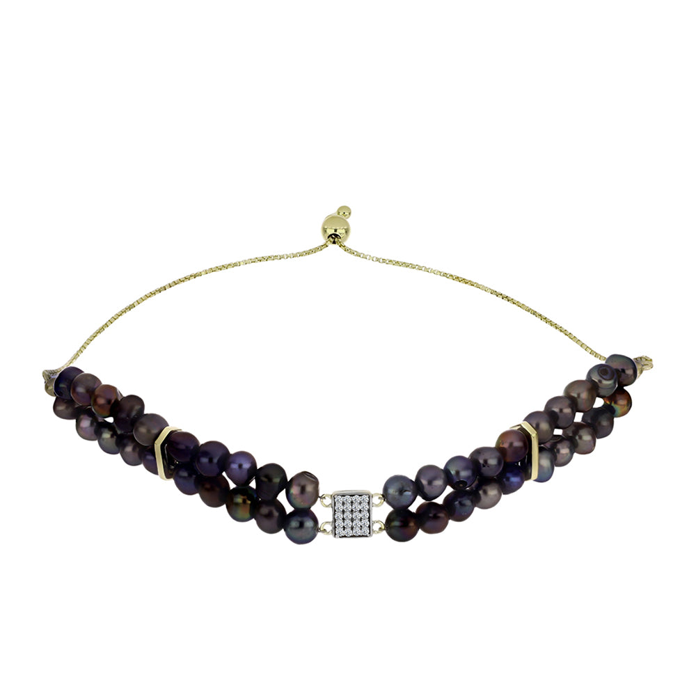 Goldplattiertes Silberarmband mit schwarzer Süßwasserperle und weißem Topas 1 